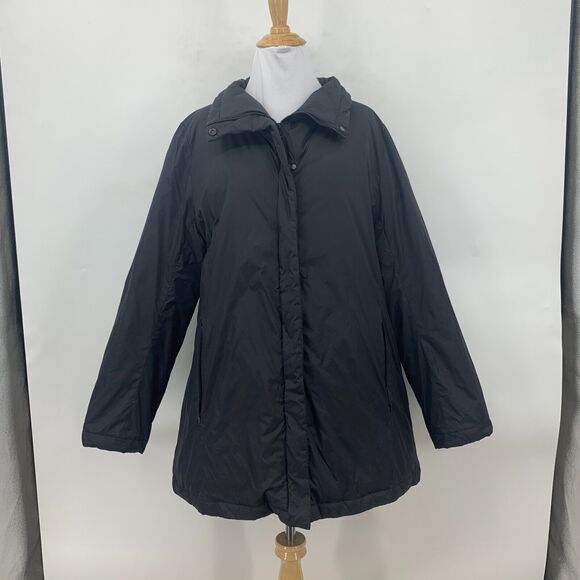 Eileen Fisher Stand Collar Winter Down Jacket Womens L Black Snap Button Puffer - Picture 2 of 16